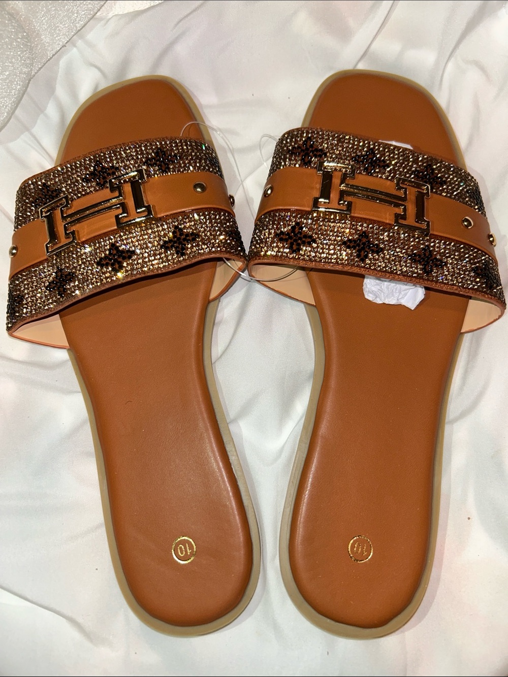 Embellished Brown Slide Sandals with Metallic Accent